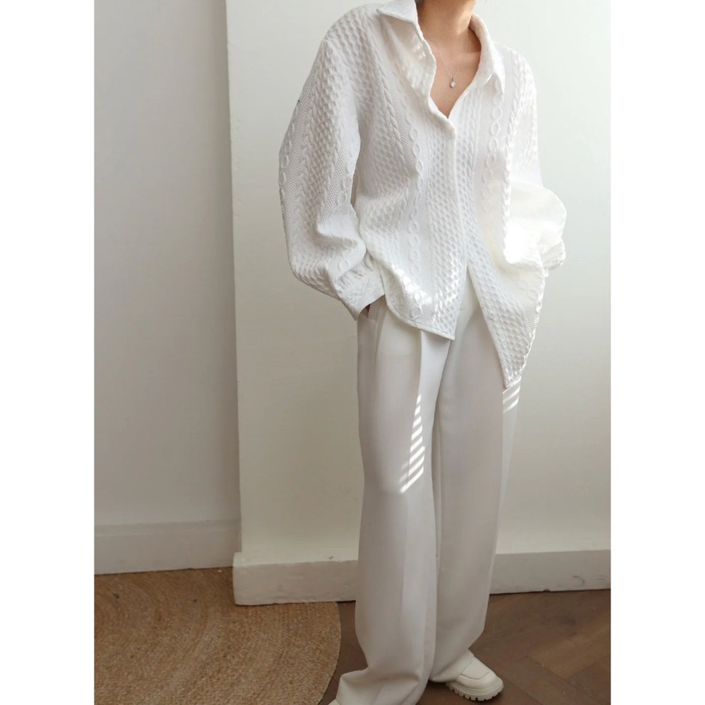 NWT Commense White Cable Knit Textured Button Up Shirt Blouse XS